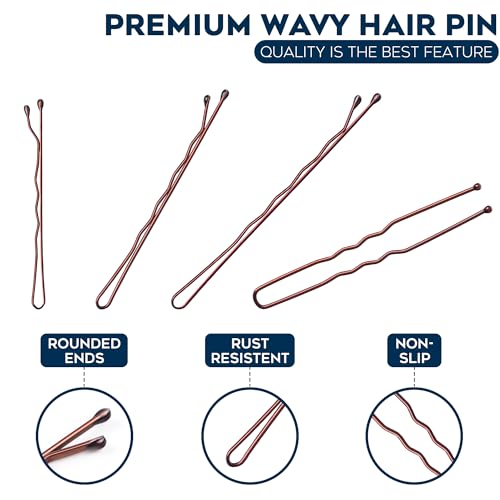 300 Pack Brown Bobby Pins Set by Luxurecourt, 3 Assorted Sizes of Large and Small Premium Bobby Pins + Regular Size U Shaped Hair Pins for Buns, Updo Style - Nonslip with Rounded Ends.