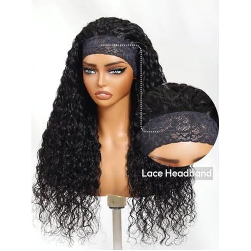 UNICE HookFit Water Wave Headband Wig Human Hair with Drawstring No-Slip Glueless Headband Half Human Hair Wig 150% Density Natural Black 20 inch