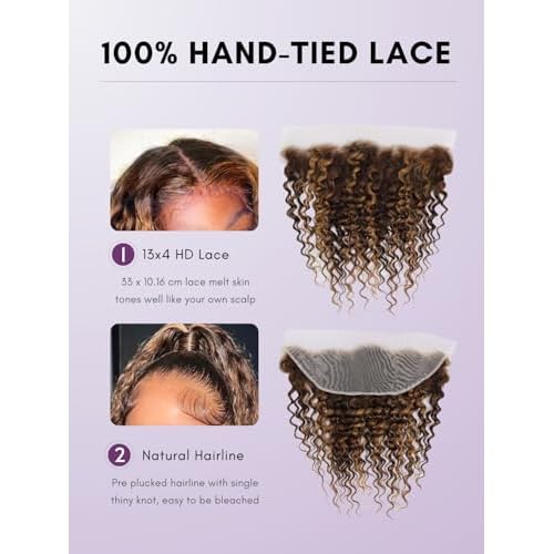 Honey Blonde Highlight Deep Wave 13x4 Lace Frontal Closure Only Human Hair 20In, 12A Virgin 100% Hand Tied Ear to Ear Ombre Brown HD Transparent Frontal Pre Plucked P4/27 Curly Lace Frontal Remy