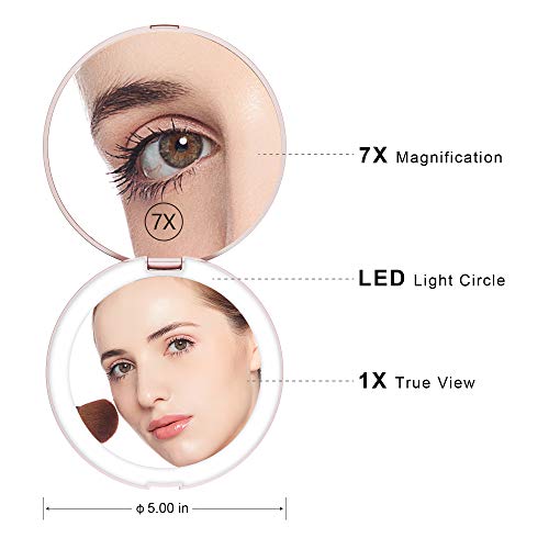 Benbilry LED Lighted Compact Travel Makeup Mirror with Lights, 1x/7x Magnification, 5 Inch Dual Sided Portable Illuminated ? Perfect for Handbag