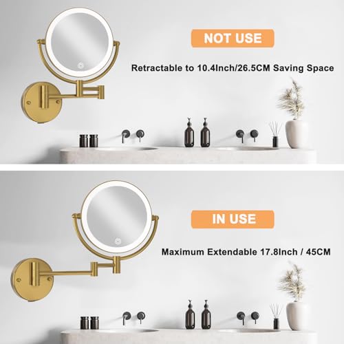 Hardwired Bathroom Makeup Mirror Wall Mount Gold, Double Sided 1/10X Magnifying Make up Mirror with Lights 3 Color & Adjustable Brightness, 360 Swing Arm Shaving Mirror, Brushed Moderne Brass