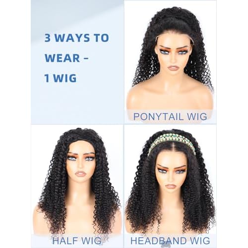 Kinky Curly Half Wig Human Hair 3-in-1 Flip Over, Headband & Drawstring Half Wigs for Black Women, 18 Inch, Seamless Glueless Wear & Go, Beginner Friendly, 180% Density Natural Curly Volume
