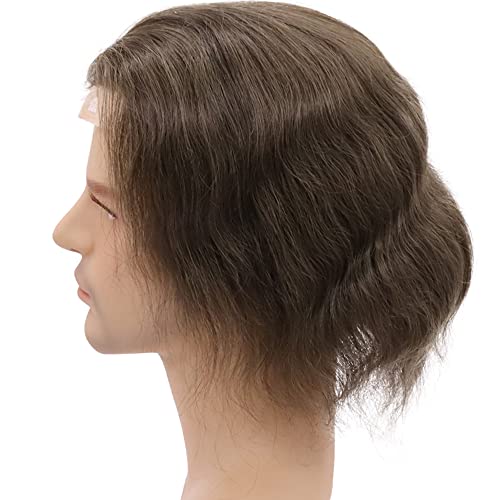 Mens Toupee European Human hair Replacement for Men Hairpiece Swiss Lace Front 0.08mm Thin Skin PU All V-looped Man Wigs 10x8inch #7 Lightest Brown Color