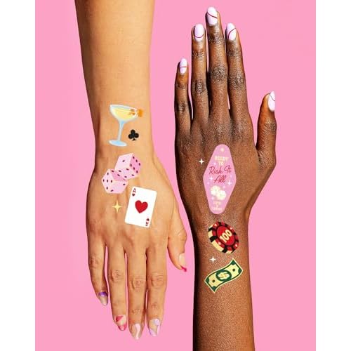 xo, Fetti Casino Temporary Tattoos - 50 Gold Foil | Bachelorette Decorations, Birthday Accessory, Las Vegas Bach Theme Favor, Game Night Bday Gift, Feeling Lucky Dice Decor, Girls Poker Party
