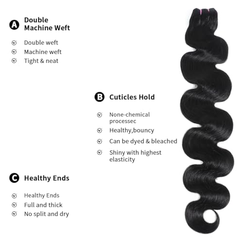 15A Raw Human Hair Bundles Body Wave Human Hair,Triple Lifespan Indian Virgin Hair,No Tangle Shedding,Multiple Washes Keep Texture Silky Soft (4 Bundles Natural Color, 14 16 18 20 Inch)