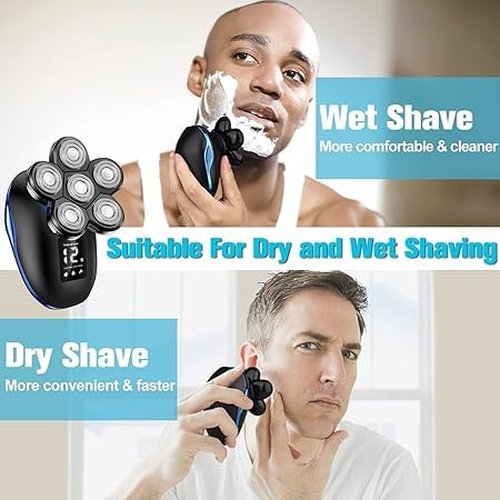 Head Shaver for Bald Men, 6-in-1 Electric Shaver for Bald Head 6D Wet/Dry Waterproof Mens Electric Razor Head Shavers with Grooming Kit Cordless Rechargeable Face Head Shaving Rotary Shavers Blue