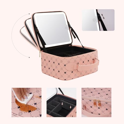 Travel Makeup Bag With 360¡Æ rotating LED Mirror,Waterproof cosmetic organizer,Portability Cosmetic case,Makeup organizer,Gift for Women,Girls Gift (Pink)