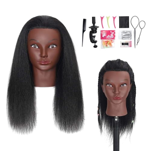 16" Mannequin Head 100% Human Hair Hairdresser Training Braiding Styling Manikin Cosmetology Makeup Manican Doll Display Practice with Stand(Black 16inch A)