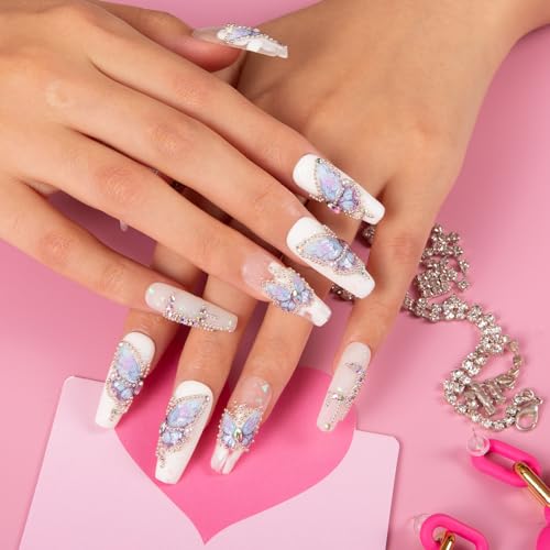 LOVFUL Press on Nails Holly Blue | Handmade with Full Covered Crystals | Reusable Fake Nails | Coffin Classic Regular 1.3 in | H23-M