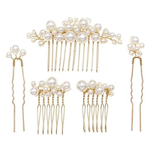 Wedding Pearl Hair Combs Set of 5 Pieces - Prom Hair Pins Accessories for Bridal Women (Gold)