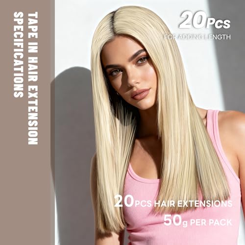 Tape in Hair Extensions Human Hair 24 Inch 50g 20Pcs Remy Human Hair Extensions Invisible Straight Seamless Tape in Extensions (24in, 50g, #18/613)