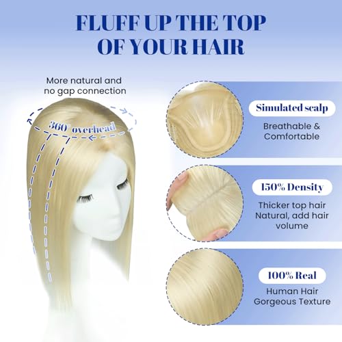 WORLDSTAR Hair Topper for Women Real Human Hair No Bangs 360¡Æ3D Coverage 6 * 7 Inch Base 14 Inch 65g #60 Platinum Blonde Hair Topper for Women with Thinning or Grey Roots (tp#60-14