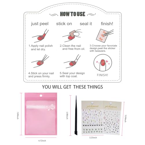 Flower Nail Stickers for Nail Art Decals Charms,5D Embossed Floral Butterfly and Heart Gem, Self-Adhesive 5 Styles Craft Nail Supplies 2 Sheets with Tweezers Kit for Women Decoration