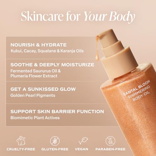 Saltair Shimmering Body Oil - Santal Bloom Scented Dry Oil Moisturizer with Light-Reflecting Pearl Pigments. Moisturizing Glow for All Skin Types - 4 Fl Oz