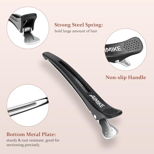 AIMIKE 6pcs Professional Hair Clips for Styling Sectioning, Non Slip No-Trace Duck Billed Hair Clips with Silicone Band, Salon and Home Hair Cutting Clips for Hairdresser, Women, Men - Black 4.3¡± Long