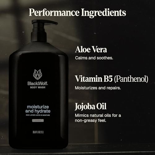 Black Wolf Moisturizing Body Wash for Men, Sandalwood - Mens Bodywash for Dry, Dehydrated & Sensitive Skin - Shower Gel Body Cleanser with Aloe Vera & Jojoba Oil to Remove Oil & Dirt