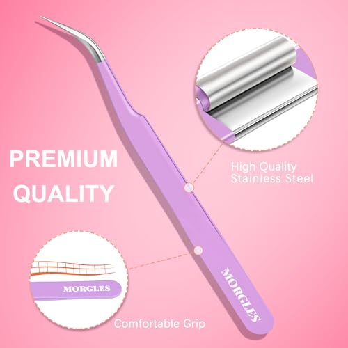MORGLES 5pcs Eyelash Extension Tweezers High Precision, Straight and Curved Volume Lash Tweezers for Extensions, Crafting, Girls Women Beginners