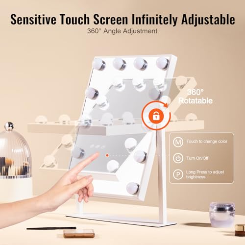 VEVOR Hollywood Vanity Mirror with Lights, 12 Dimmable Bulbs & 3 Color Lighting Modes, Makeup Mirror with Detachable 5X Magnification, Smart Touch Control, 360 Degree Rotation(16.1x11.8 in, White)