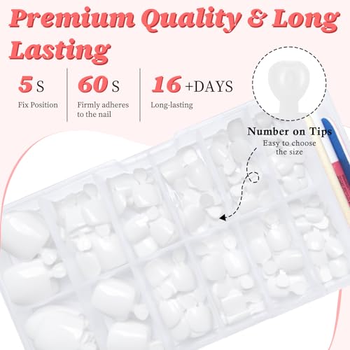 LuckForever 168pc Press on Toenails Women Fake Toe Nails with Glue Tabs, White Fake Toenails Press on Nails Short Square Acrylic Toe Nail Tips Glue on Toenails False Artificial Toe Nails Press ons