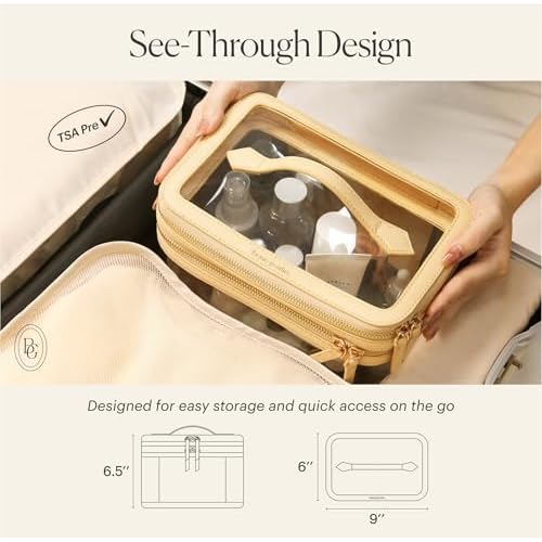 Clear Travel Makeup Bag for Women Organizer with Handle Beige, Extra Large Transparent Makeup Bag Toiletry Organizer with Zipper, Clear Cosmetic Travel Bags for Women Skincare Organizer for Traveling
