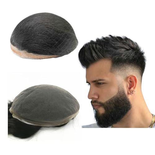 Toupee For Men Hair Pieces Soft Swiss Lace 10x8" Toupee Human Hair Replacement System for Men Hair Prosthesis Hair Patch Units Implant Natural Hair Pieces (#1B Off Black)