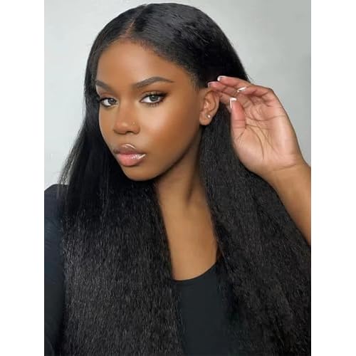 MENTOR 4C Edges Kinky Straight Lace Front Wigs Human Hair Yaki Stairght 13x4 HD Transparent Lace Frontal Kinkystraight Wigs with Curly Edges Hairline Pre-Plucked 180% Density 22 inch