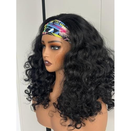 YAKI Body Wave Headband Wig Loose Curly Heabdand Wigs Glueless Synthetic Hair Natural Black Wigs for Black Women None Lace Front Wigs Headband Wigs 150% Density (Short)
