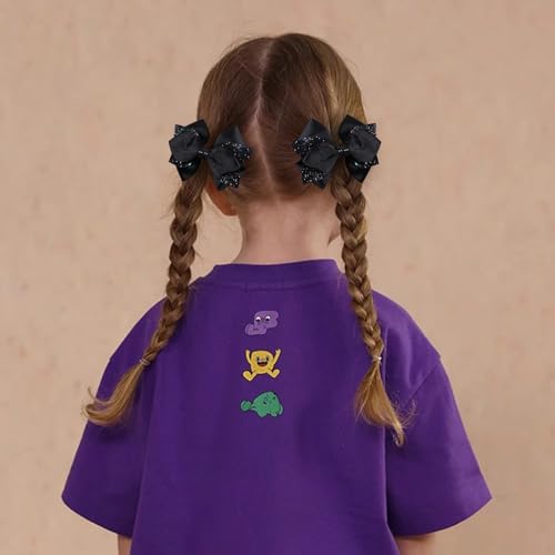 2pc Glitter Black Ribbon Hair Bow Clips 4inch Shiny Alligator Barrettes Pins for Teens Girls Kids Women Graduation Halloween Dress up Party Costume outfit Decor Accessory