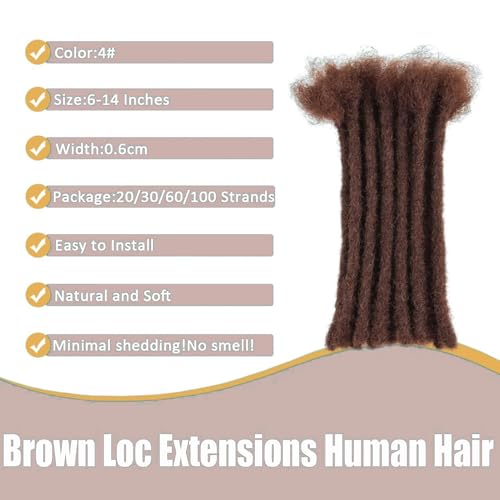 Handmade Human Hair Dreadlocks, 0.6cm/20strands Dreadlock Extension 100% Full Handmade Permanent Dreadlock Extension for Women/Men/Kids Can Be Dyed Bleached 18 inches Color 4#