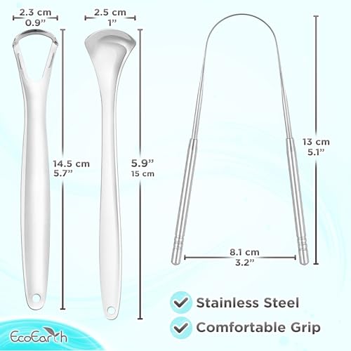 Tongue Scraper for Adults - 3 Pcs Metal Tongue Cleaner with Silver Storage Case - Tough Stainless Steel Mouth Scrubber for Fresh Breath & Oral Hygiene - by EcoEarth