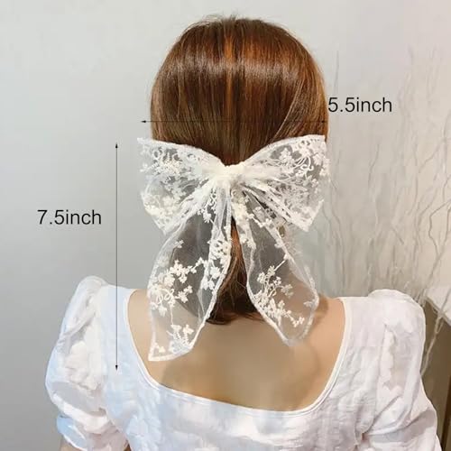2PCS Large Lace Hair Bow Clips for Women Drape Bow Translucent Mesh Bow Barrette Hair Accessories for Girls Women (Black+White)