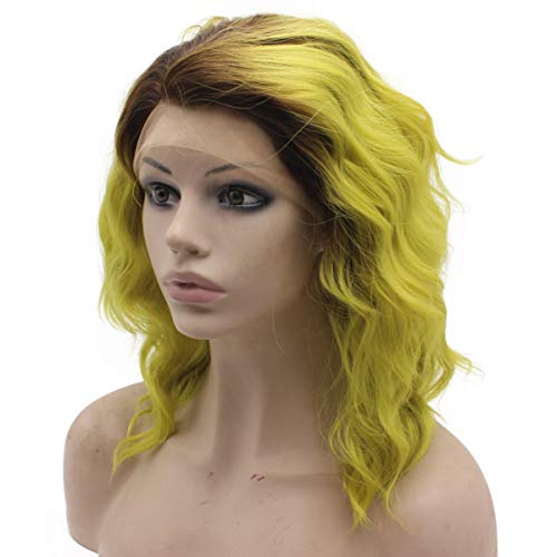 MX angel Shoulder Length Ombre Yellow Heat Friendly Synthetic Lace Front Wavy Wig