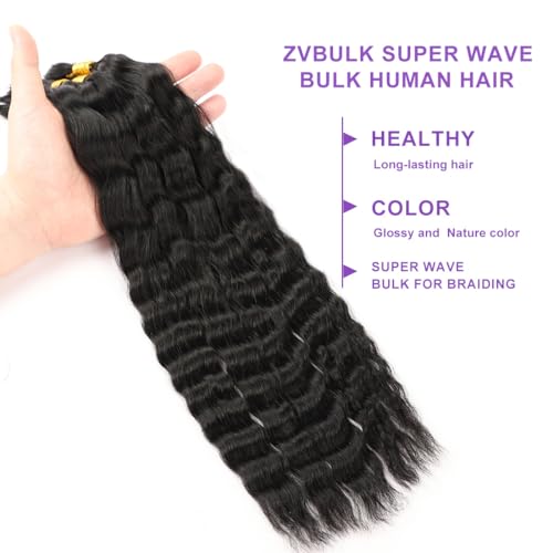 Super Wave Bulk Human Hair Wet and Wavy Human Braiding Hair Super French Braiding Hair For Bohe Braids No Weft 100g (1Pack-4PCS) 100% Virgin Human Hair For Boho Braids (Natural Black, 18 Inch)