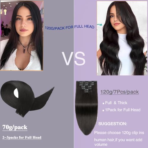 Clip in Hair Extensions Real Human Hair,24 Inch 7Pcs 120g Seamless Human hair Clip in Extensions for Women Invisible Straight 1B Natural Black Hair Extensions Clip ins Double Weft