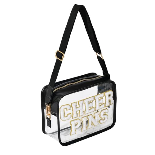 CHEER PINS Bag ? Clear Cheerleading Competition Pin Holder with Chenille Letters, Adjustable Strap, Stadium Approved Cheerleader Team Gift & Spirit Accessory
