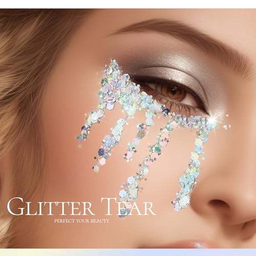 Teenitor Body Glitter, Body Glitter Gel, Hair Glitter, Face Glitter, Holographic Chunky Makeup Silver Glitter Gel for Face, Makeup, Hair, Eye