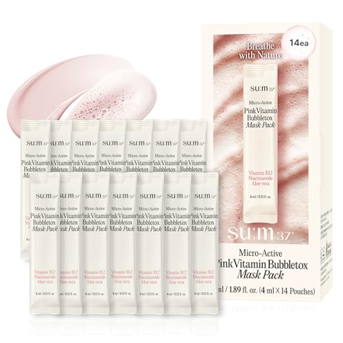 SU:M Micro-Active Pink Vitamin Bubbletox Mask Pack (0.13 fl oz x 14ea) - Korean Skincare ? Deep pore cleansing, hydration with Fermented Pink Vitamin 12, Hibiscus, Kaolin & Bentonite