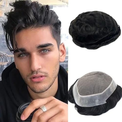 Toupee for Men PU Around+Lace Base Real European Human Hair Pieces for Mens Hair Prosthesis Patch Units Hair Replacement System for Men (7x10")