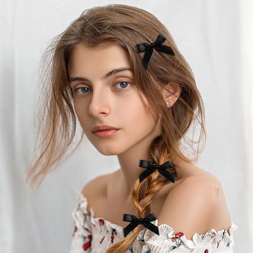 50Pcs Mini Hair Bows Clips for Women Girls Black Blue Hair Ribbon Clips Small Bowknot Barrettes White Pink Satin Cute Bow Hair Clip Metal Y2k Hair Accessories for Braids Teens Toddlers