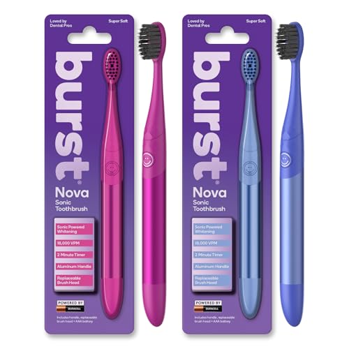 Burst Nova Toothbrush (2 Pack/Pink & Blue) | Sonic Powered Teeth Whitening | Super-Soft Bristles | 18000 VPM | 2 Minute Timer | Aluminum Handle | Replaceable Brush Head | Compact Size | AAA Battery