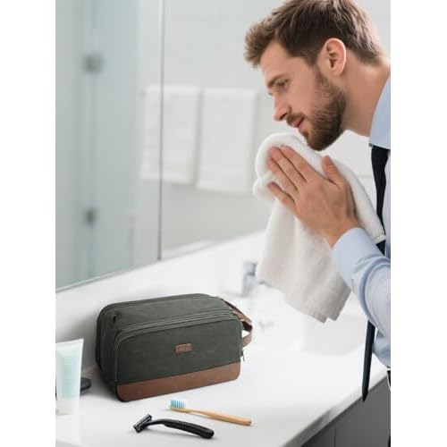 WANDF Toiletry Bag for Men Travel Toiletry Organizer Canvas and Leather Dopp Kit Water-Resistant Shaving Bag for Travel Accessories (Green, Large)