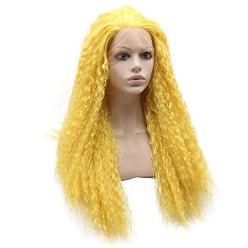 MX angel Long Curly Lace Front Synthetic Hair Yellow Cosplay Party Wig Heat Resistant Fiber