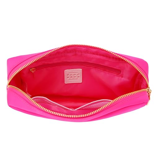 BLOC Bags Travel Makeup Bag, Cosmetic Bags for Women, Medium Cute Toiletry Bag, Make up Bag, Beauty Bag with Chenille Patch and Top Zipper, Inside Zipper Pouch and Mesh Pockets (White Heart, Hot Pink)