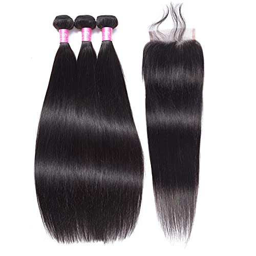 FQ Peruvian Straight Human Hair Bundles with Closure(20 22 24+16 Closure) Unprocessed Virgin Human Hair 3 Bundles with Closure 10A Straight Hair Wave Bundles with Lace Closure