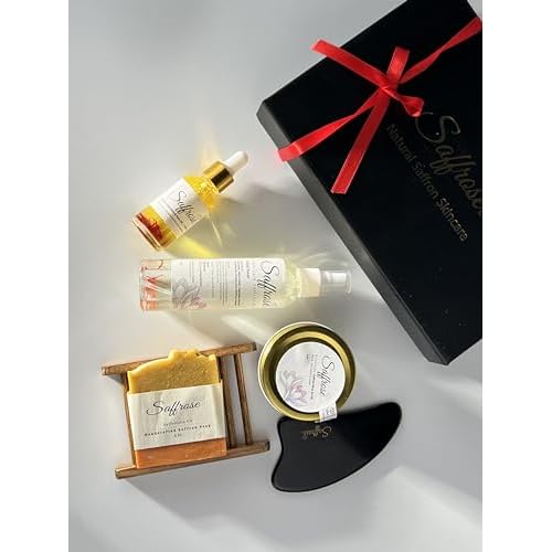 Handmade Saffron Skincare Gift Set, 5pc including Saffron Soap, Bamboo Soap Dish, Saffron Scrub, Saffron & Rose Facial Toner, Facial Oil, & Gua Sha