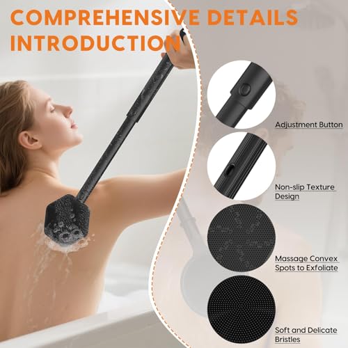 Silicone Back Scrubber for Shower with 24 inch Adjustable Handle, Double Sided Shower Brush for Exfoliating and Massage