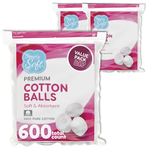 Simply Soft Premium Cotton Balls (600 Count), 100% Pure Cotton, Large Cotton Balls for Face and Nail Polish Remover