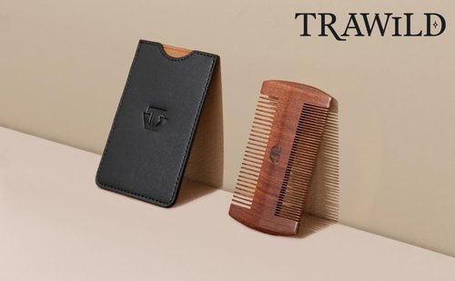 Premium Sandalwood Beard Comb with Mother of Pearl Decoration and Black Case - Traditional Craft Work & The Lux Edition for the Perfect Beard & Mustache Grooming and Gift for Men - TRAWILD (MARK)