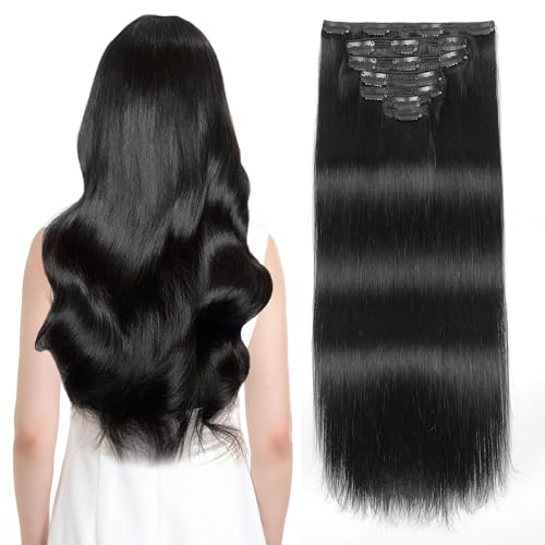 Sisily Clip in Hair Extensions Real Human Hair, 24 inch 180g, Jet Black, 100% Brazilian Remy Human Hair Clip in Extensions Soft Straight 7pcs Per Set with 16 Clips Double Weft