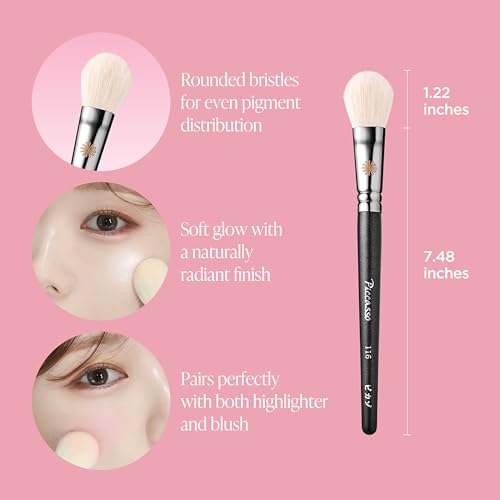 Piccasso 116 Highlighter Brush ? Soft Goat Hair Makeup Brush for Face, Ideal for Highlighting Cheekbones, Nose, and Jawline, Fluffy Blush Brush for Natural Glow, Professional Korean Beauty